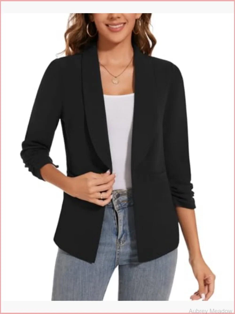 Women Casual Shawl Lapel Ruched 3/4 Sleeve Open Front Blazer Jacket